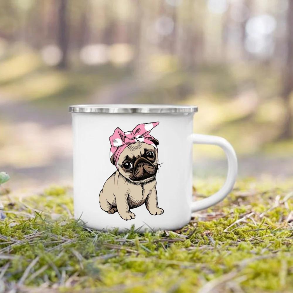 French Bulldog Print Mugs Creative Coffee Cup Drink Milk Beer Cup Camping Camfire Enamel Mugs Handle Drinkware Gift for Dog Love