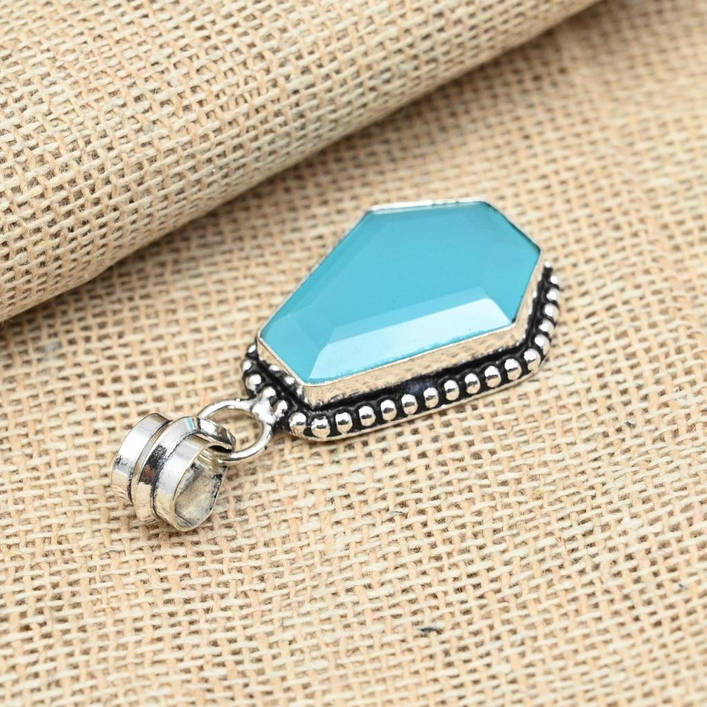 Blå kalcedon ädelsten Handgjord 925 sterling silver Minnesdagen Hänge Smycken
