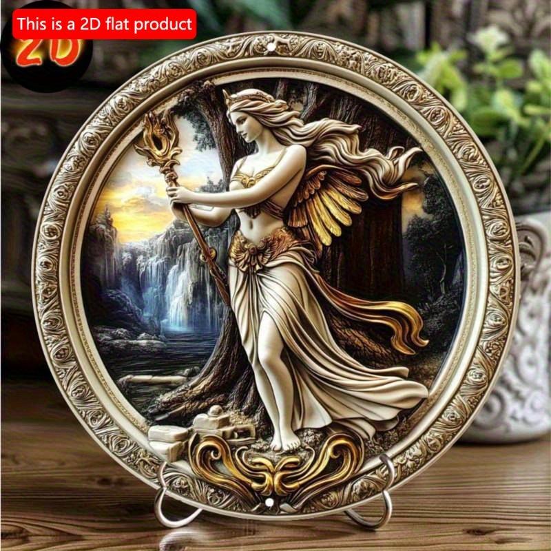 2D flach 20*20cm Göttin Hera Kreisförmige Retro Holz Wandkunst, Elegante Heim- & Bürodekoration mit Ideal für Neujahr