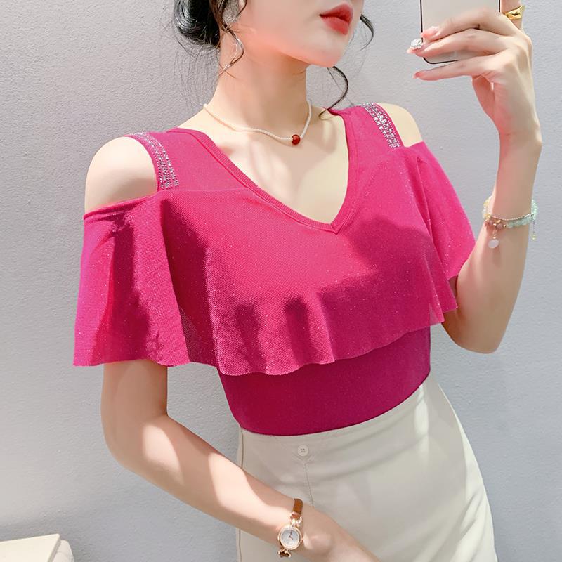 2024 Chic Off-Shoulder Diamond Accent Lotus Sleeve T-Shirt