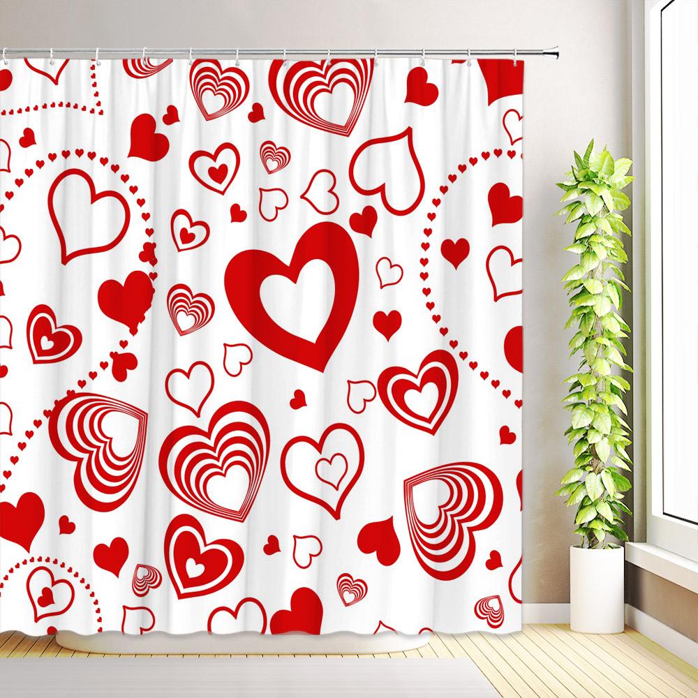 Valentine's Day Shower Curtain Romantic Red Love Hearts Flowers Abstract Modern Bathroom Decor Fabric Bath Curtains with Hooks