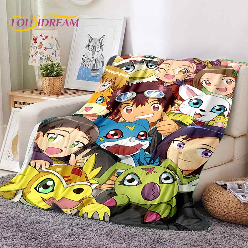 Retro Digimon Adventure Potwór Kreskówka Miękki Koc Flanelowy, Koc do Rzucania Wygodny Koc na Piknik Łóżka Kanapę Domowy Sypialnia