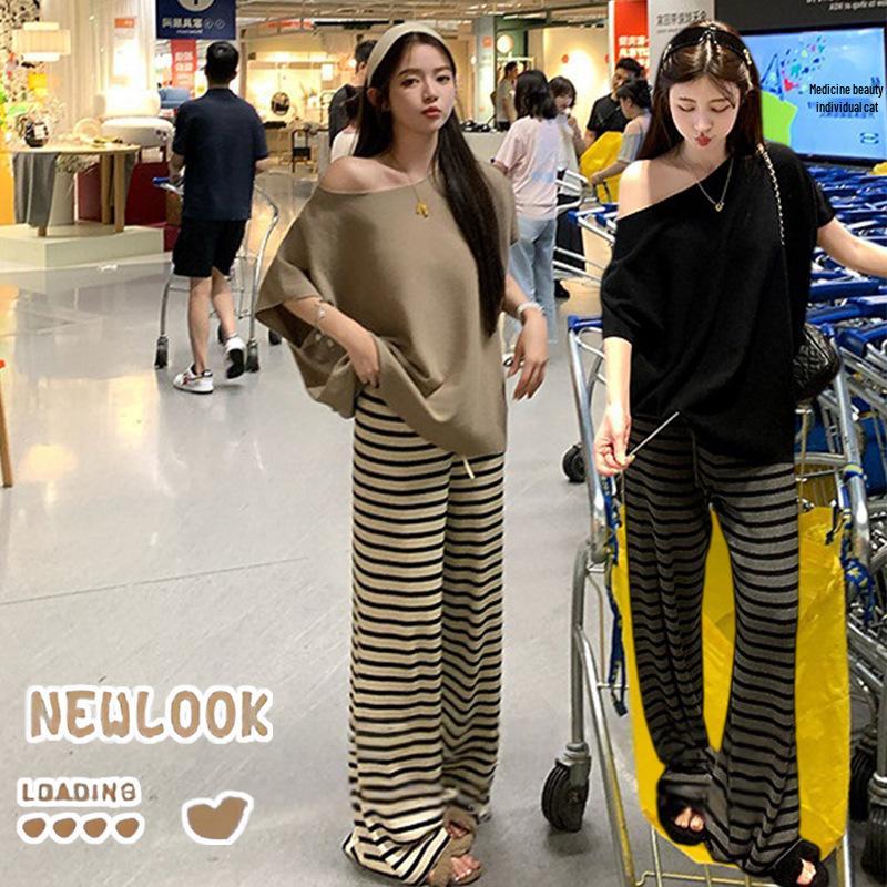 2026 Summer Off-the-Shoulder Knit Top & Striped Wide-Leg Pants Set M