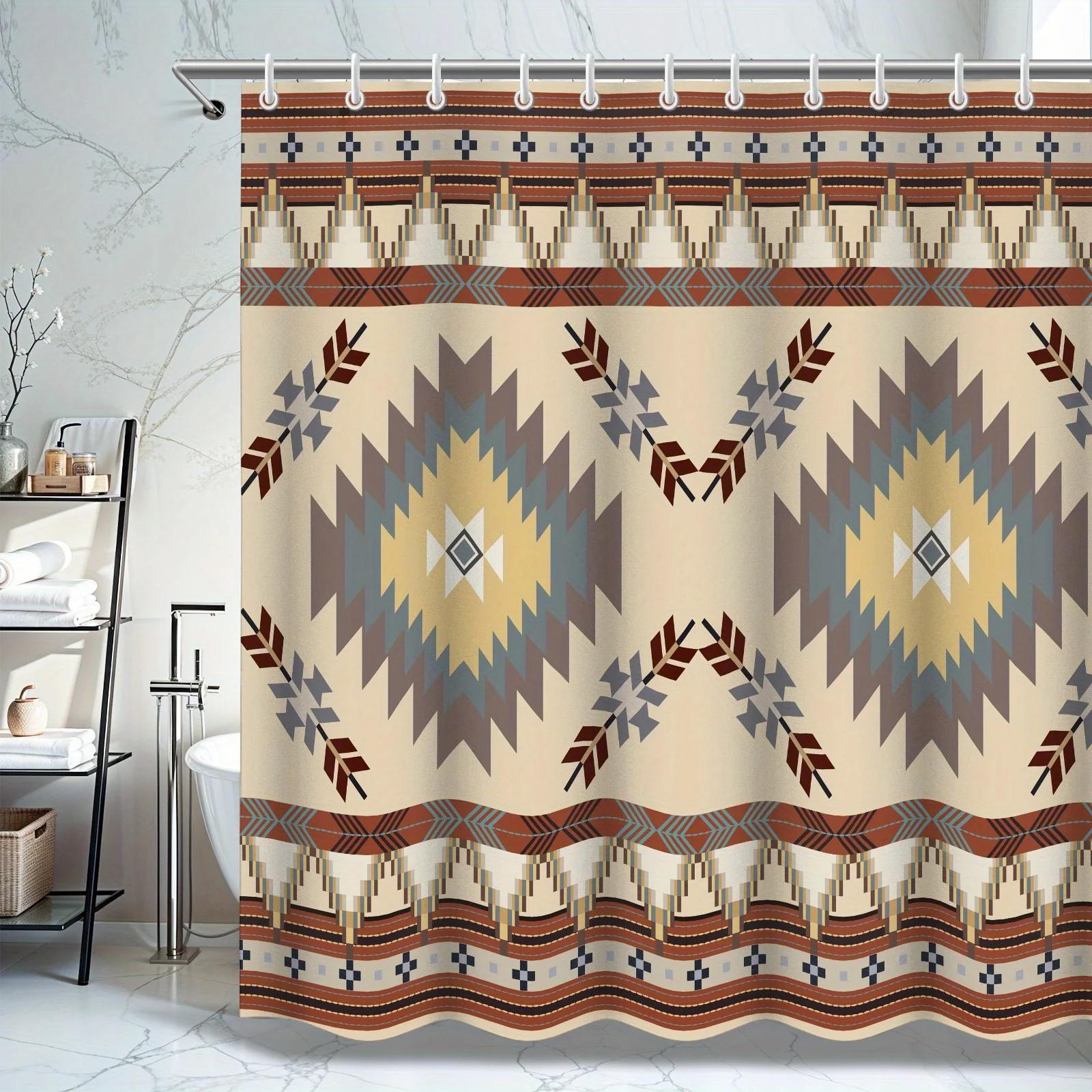 Western Tribal Shower Curtain Set - Abstract Geometric Design, Native American Retro Style, Polyester, 12 Hooks,Bathroom Decor W90xH180cm