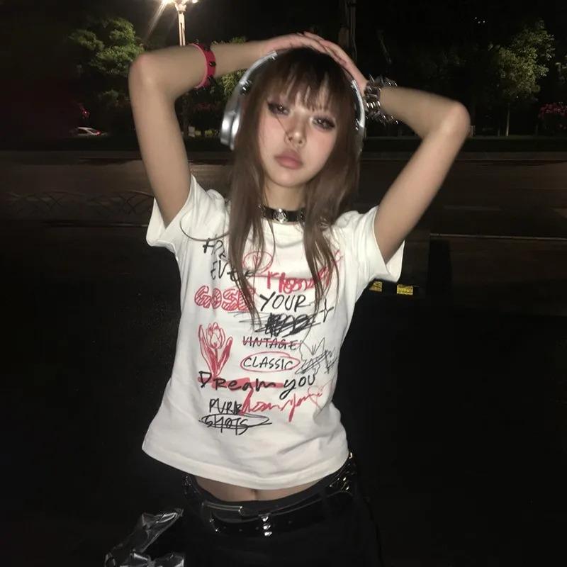 Japanisches Y2k T-Shirt Ästhetik 2000er Graffiti Tops Grafikdruck Kurzarm T-Shirt E-Girls Goth Tees Grunge