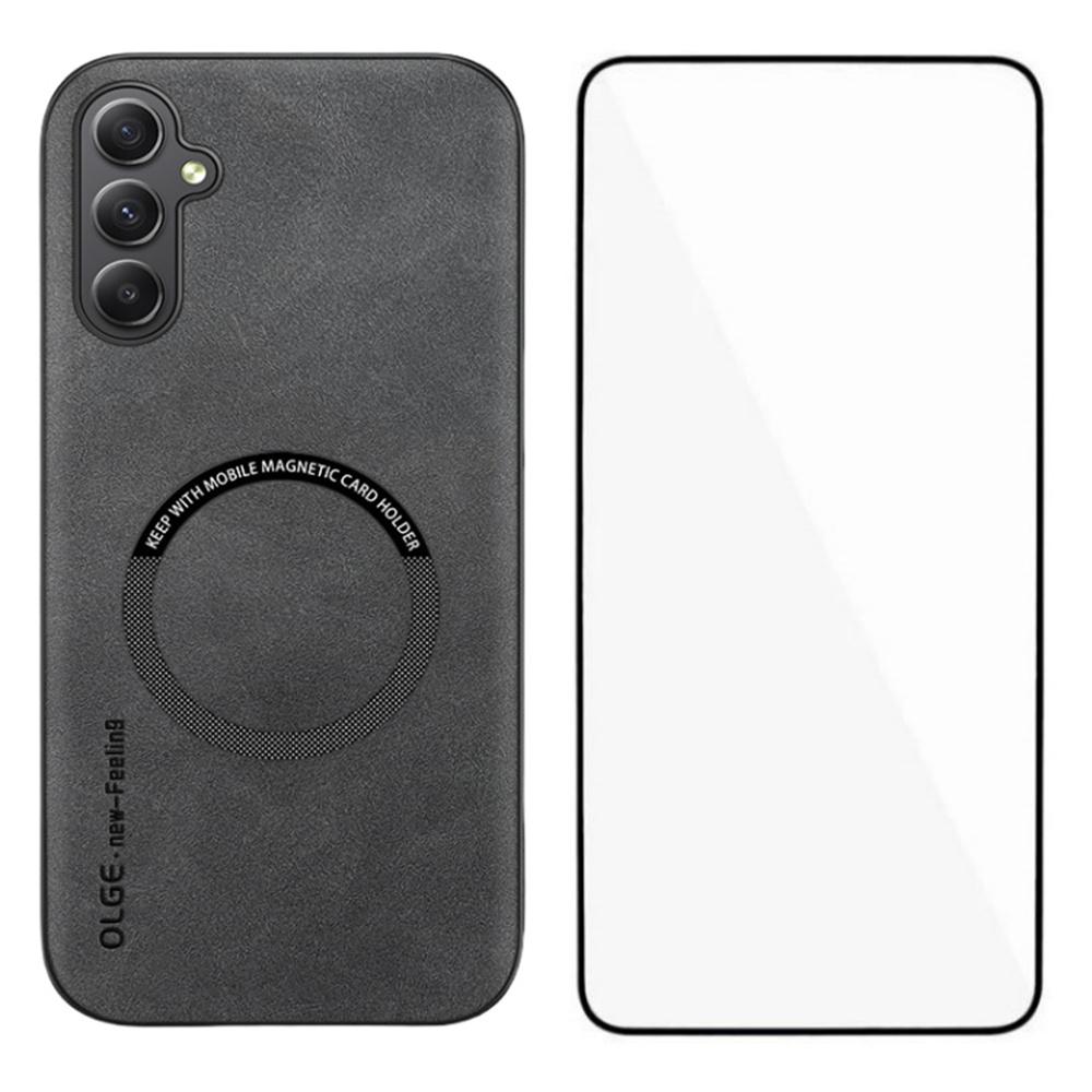 WANLONFENG YBP Series For Samsung Galaxy A35 5G Magnetic Case with Tempered Glass Film PU+TPU Phone Cover Large Cutout