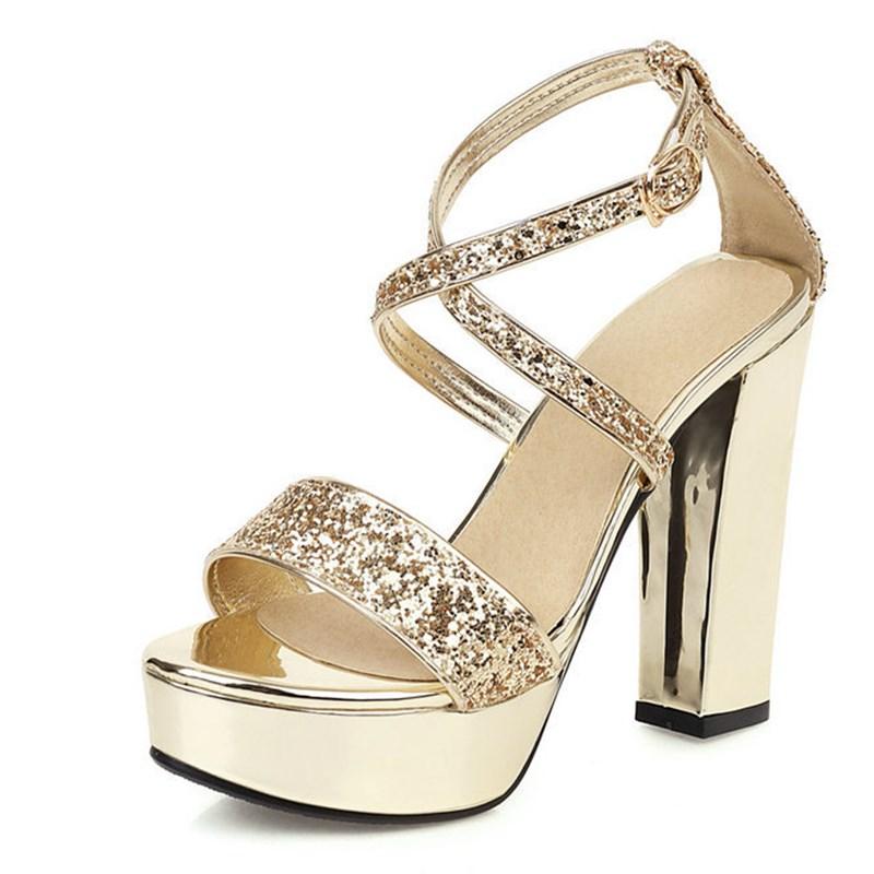 Mode Sexy Gold Silber Kreuzriemen Kristall High Heels Sandalen Damen Bling Glitzer Hochzeit Brautparty Plateauabsatz Schuhe Sommer