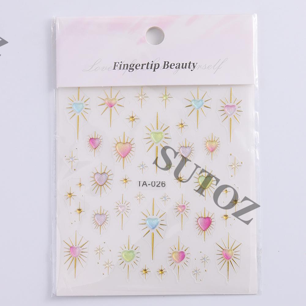 2026 Арт для ногтей 3D Сердце и Звезда Золотые Фольгированные Наклейки с Стразами - 5D Крутой и Великолепный Декор