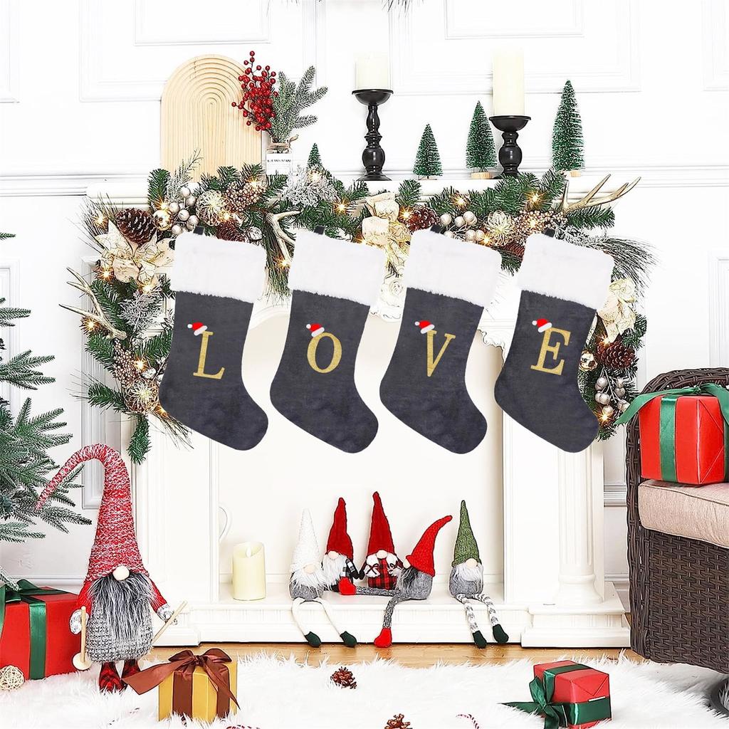 Holiday Christmas Stocking with Faux Fur Cuff Embroidered Letter A Design Classic Hanging Decoration for Fireplace Mantel or Wall Display