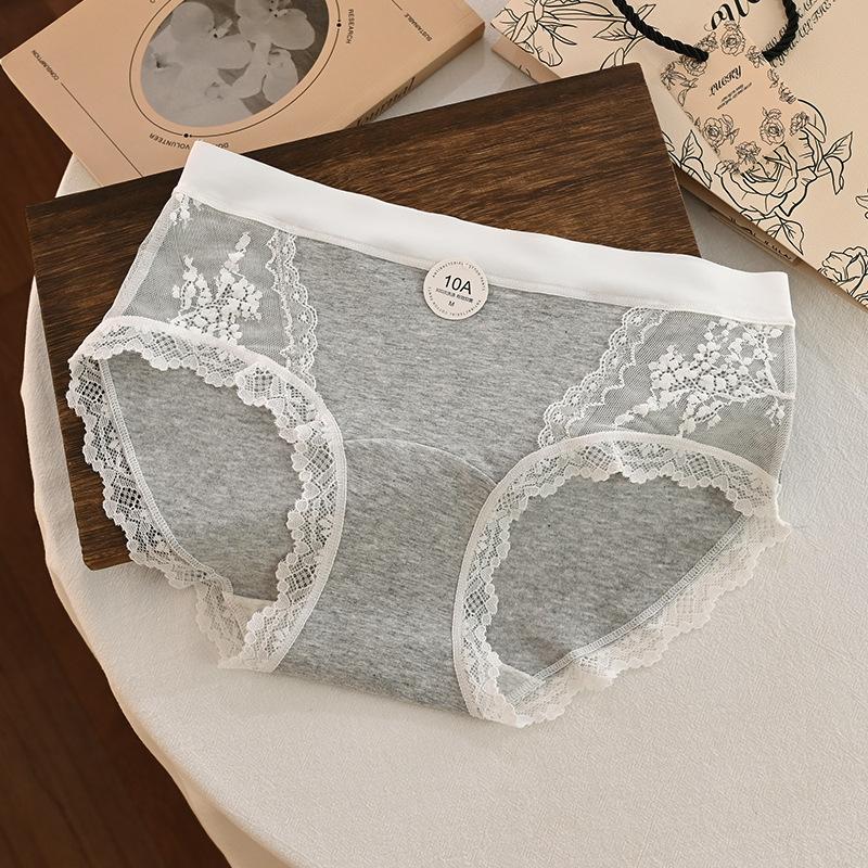Women's Spring and Summer Mesh Lace Splicing Cotton 10A Antibacterial Inner File Middle Waist Briefs