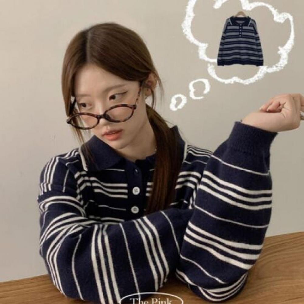 The Pink Men Oversized Collar Neck Stripe Long Sleeve Knit