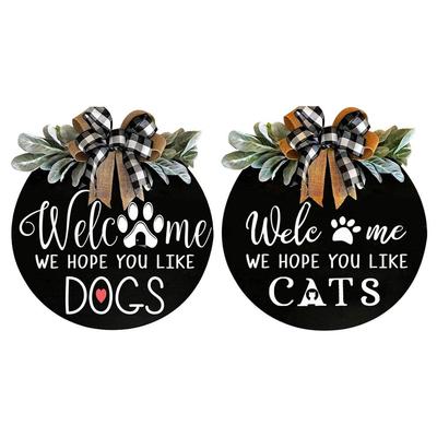 Cartel de Bienvenida para Puerta Principal Placa Redonda de Madera Colgante para Puerta Esperamos que te gusten los Perros/Gatos Decoraciones de Porche Estilo Granja