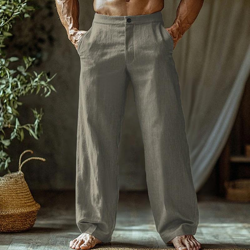 Men's Linen Summer Beach Trousers Buttoned Slanted Pockets Straight Leg Design Solid Colour Comfortable Breathable Long Trousers