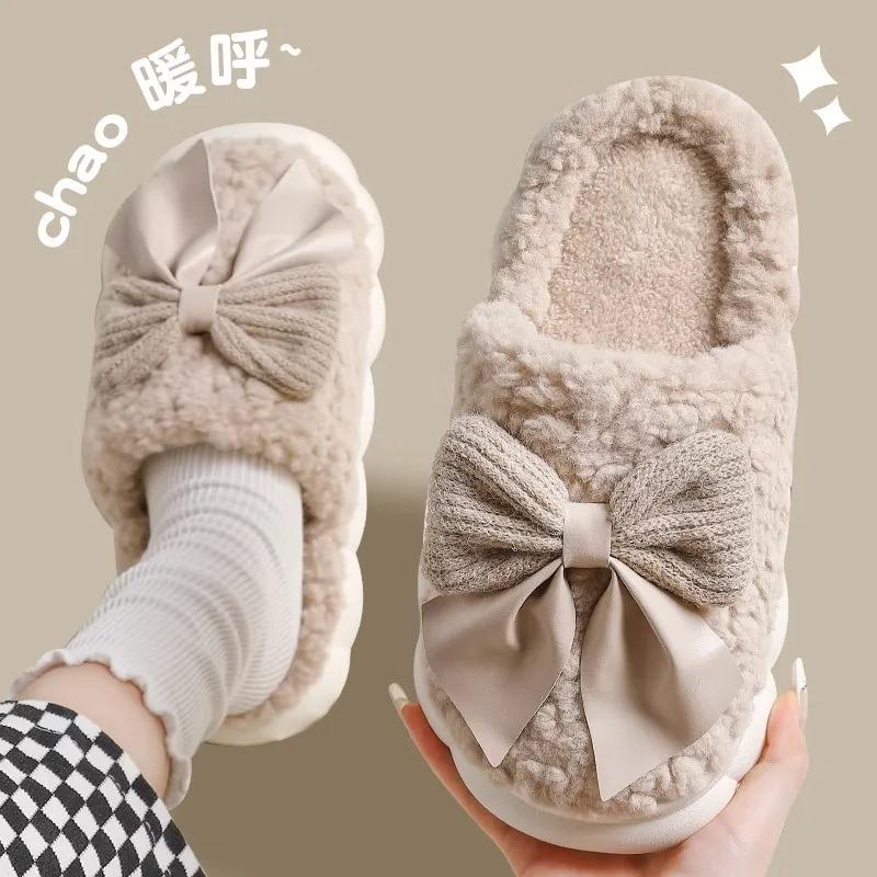 Bow Cotton Slippers 2025 New Cotton Shoes Home Autumn and Winter Indoor Warmth Cotton Mop Hair Tray Winter