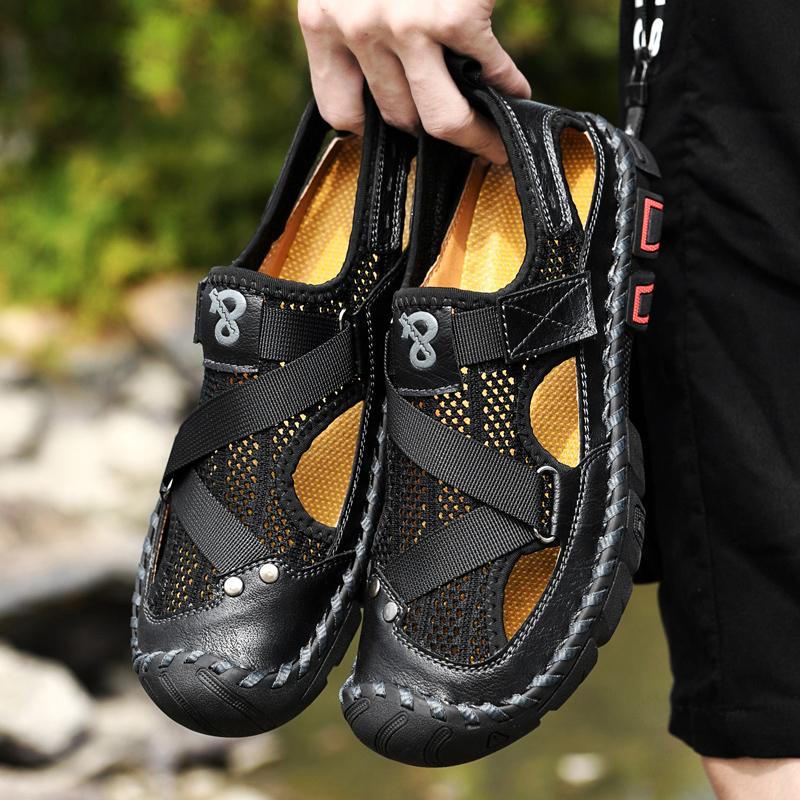 Fashion Breathable Mens Sandals Handmade Leather Male Summer Shoes Outdoor Walking Beach Flats Cool Mesh Sneakers Non-Slip Men Sandalias