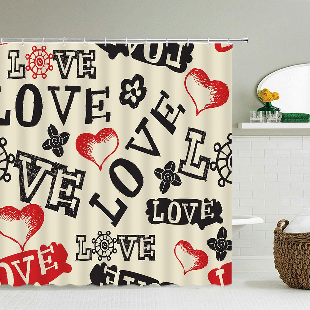 Sevgililer Günü Kutlu Olsun Duş Perdesi Banyo Perdesi Gül Aşk Öpücük Kırmızı Dudaklar Romantik Dekor Duş Banyo Su Geçirmez Kumaş