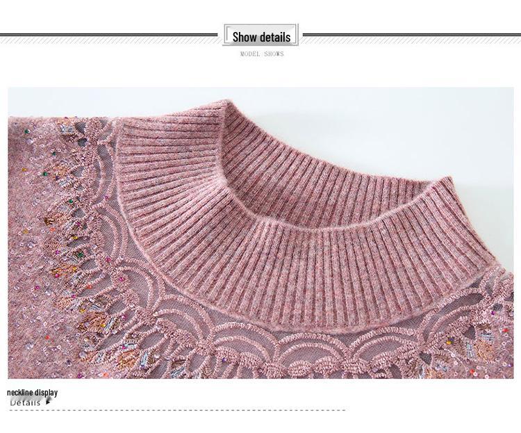2025 New Style Mid-Neck Pure Wool Sweater with Embroidery for Middle-Aged & Elderly Women – Perfect for Autumn & Winter