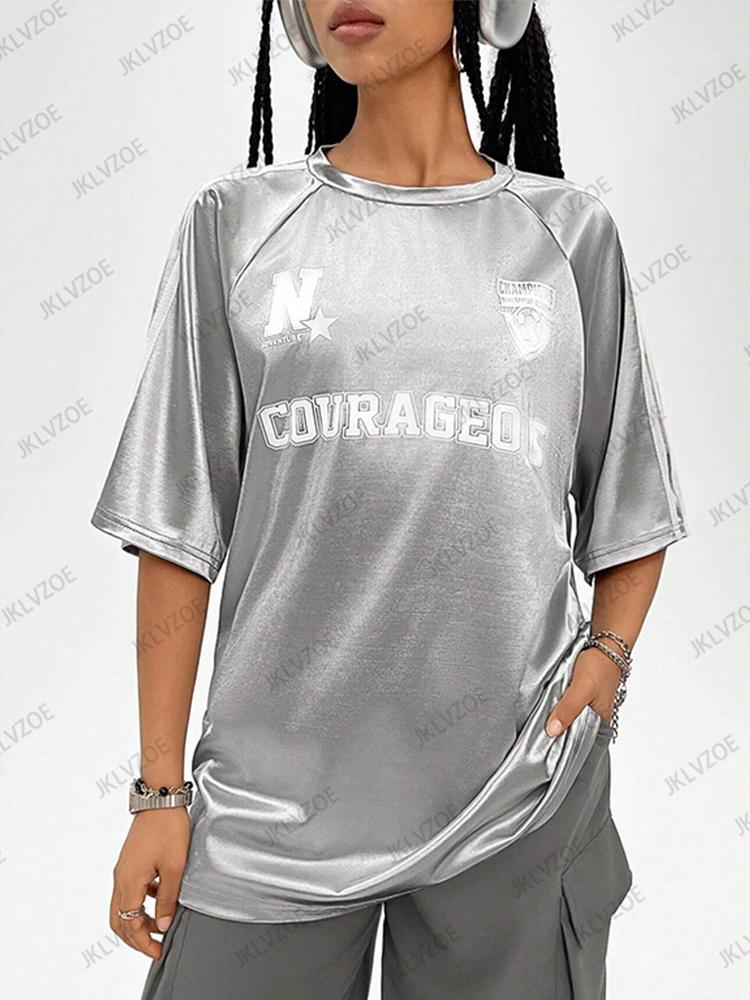 Summer Printed T-Shirt Women's Pink Patchwork Short-Sleeve Sports Soccer Jersey Loose Oversized Top