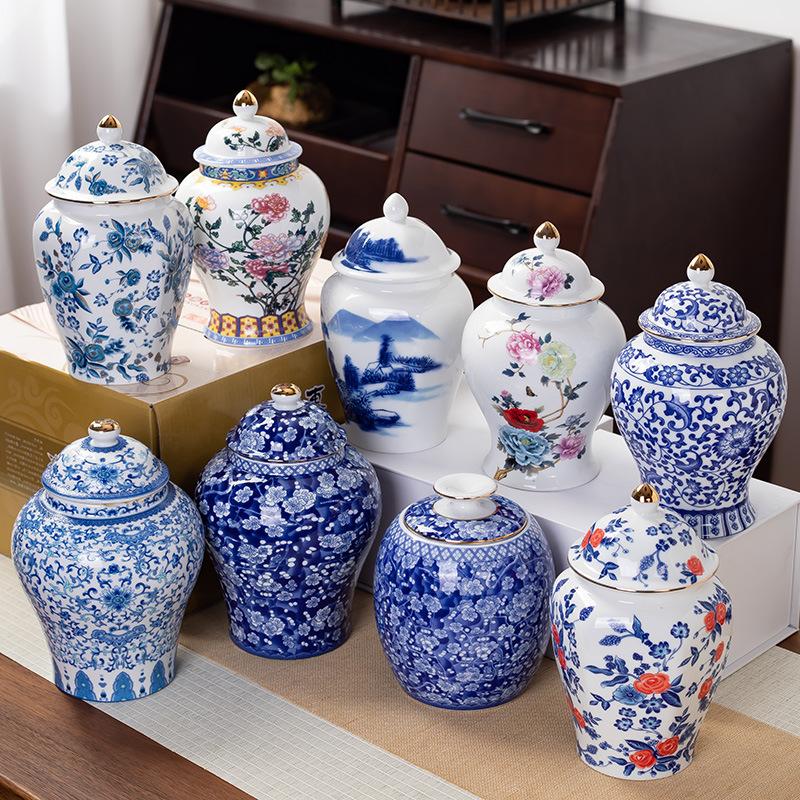 Gold-plated Ceramic Tea Jar Vintage Blue and White Porcelain Sealed Storage Jar Moisture-proof Candy Tea Pot Storage Container