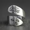 Vintage Brushed Open Ring Three Leaf Tree of Life Statement Jewelry Boho Chic Style