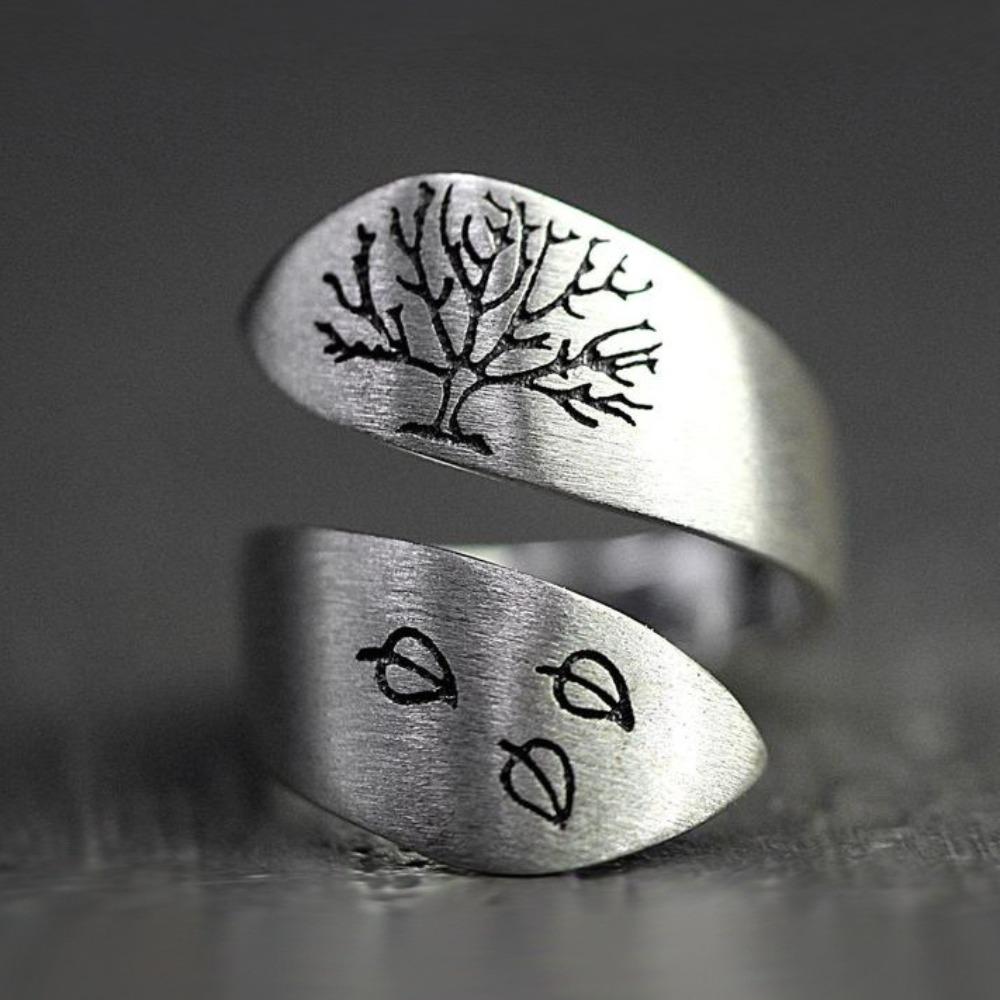Vintage Brushed Open Ring Three Leaf Tree of Life Statement Jewelry Boho Chic Style Adjustable серебряный