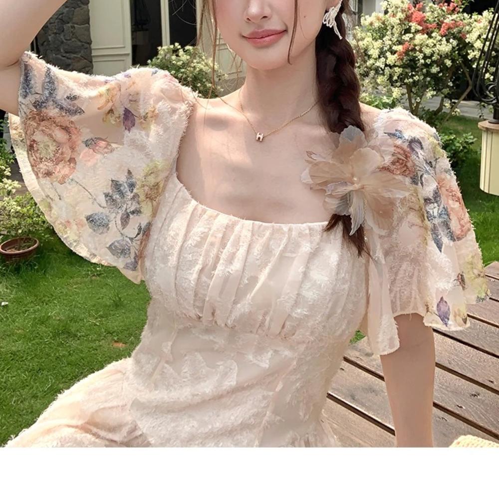 High Quality Chiffon Embroidered Print Square-Necked Summer Dress for Women Fashion Vacation Flying Sleeve Slimming Midi Dress