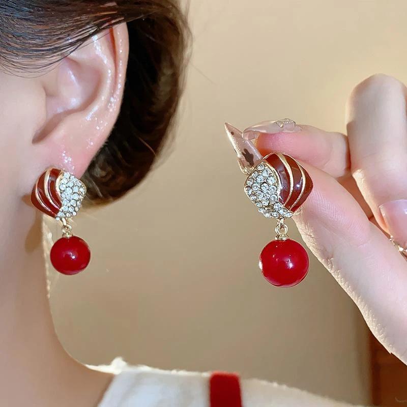 Vintage Red Color Maple Leaf Inlay Zirconl Metal Earrings For Women  Personalization Jewelry Gift
