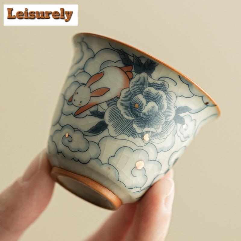 2 Stück/Los Wolkenhase Ru Ofen Porzellan Teetasse Zen Teeschale Probier-Teetasse Dufttasse Jianzhan Meistertassen Teegeschirr Zubehör