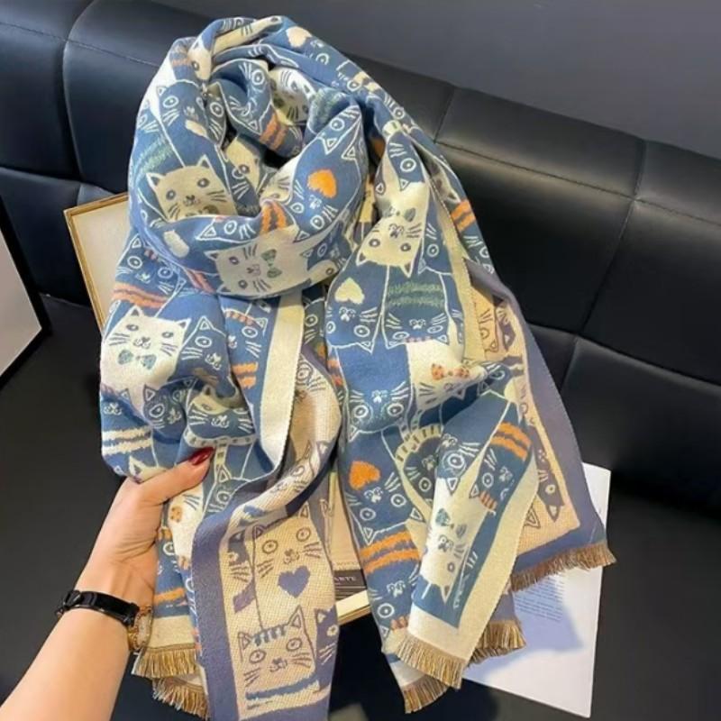 Women's Fall and Winter Faux Cashmere Cartoon Cozy Shawl Student Printing Warm Scarf