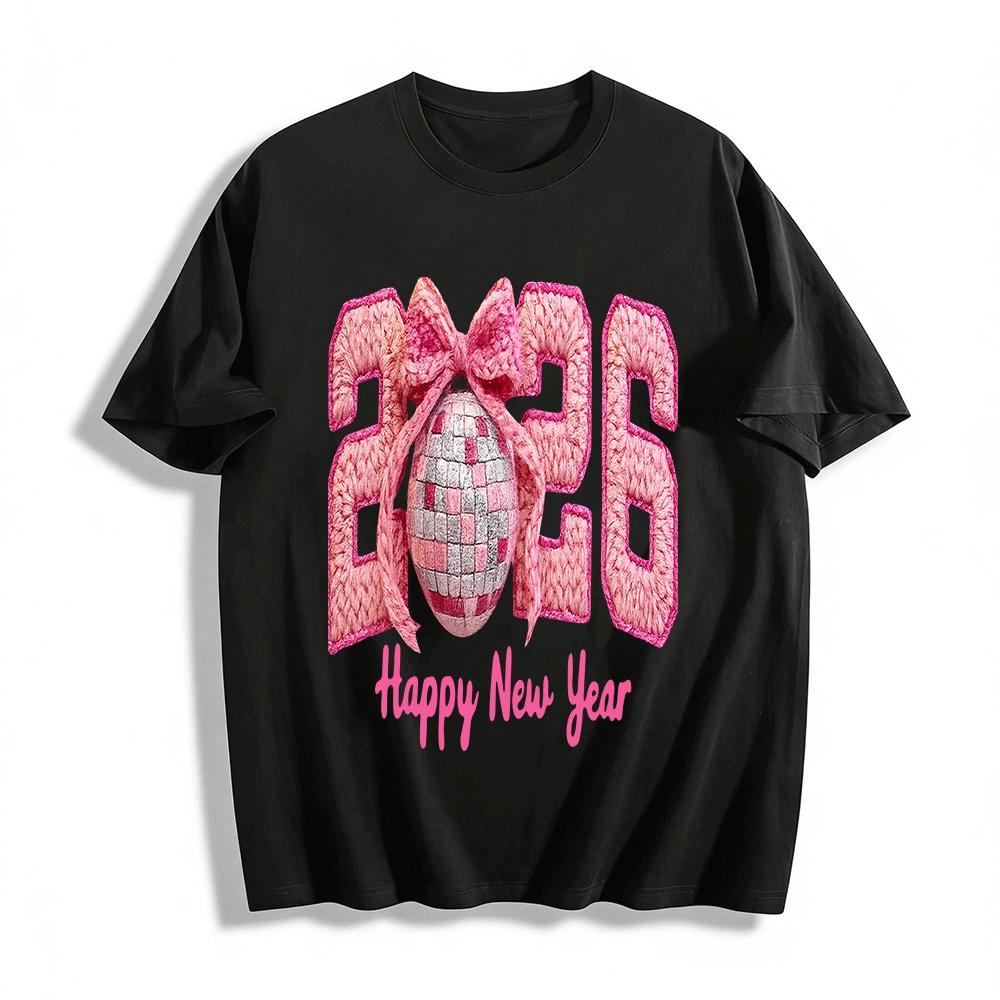 2026 New Year Pink Knit Number Disco Ball Print Casual Top Pure cotton T-shirt XXS