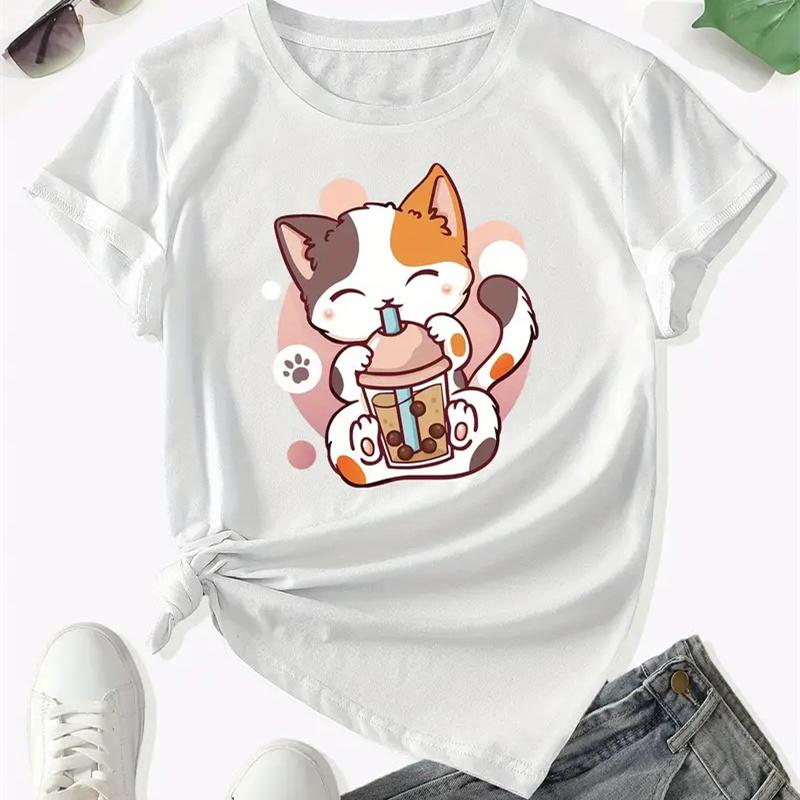 

Футболка с круглым вырезом и принтом аниме Cat Bubble Tea, кавайный топ с короткими рукавами для весны и лета, женская одежда S