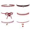 Wine Red Velvet Choker with Heart and Cross Pendant Necklace for Women