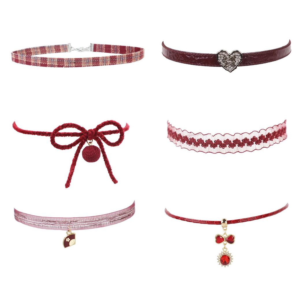 Wine Red Velvet Choker with Heart and Cross Pendant Necklace for Women