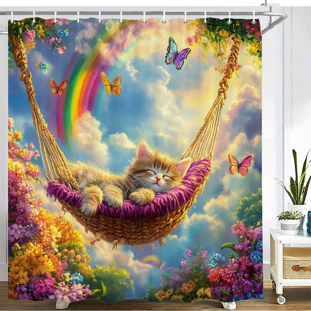 Adorable Cat in Hammock Waterproof Mildew-Resistant Shower Curtain - Rainbow Butterfly Design for a Magical Bathroom Décor