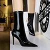 Fashion 2025 Shiny Patent Leather Mid-Calf Boots Women Pointed Sexy Black Party Boots Warm Stretch High Heels Ladies Botas Mujer Autumn