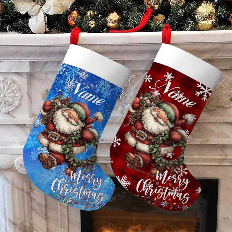 Santa Claus Snowflake Plaid Large Christmas Stocking with Hanging Rope
