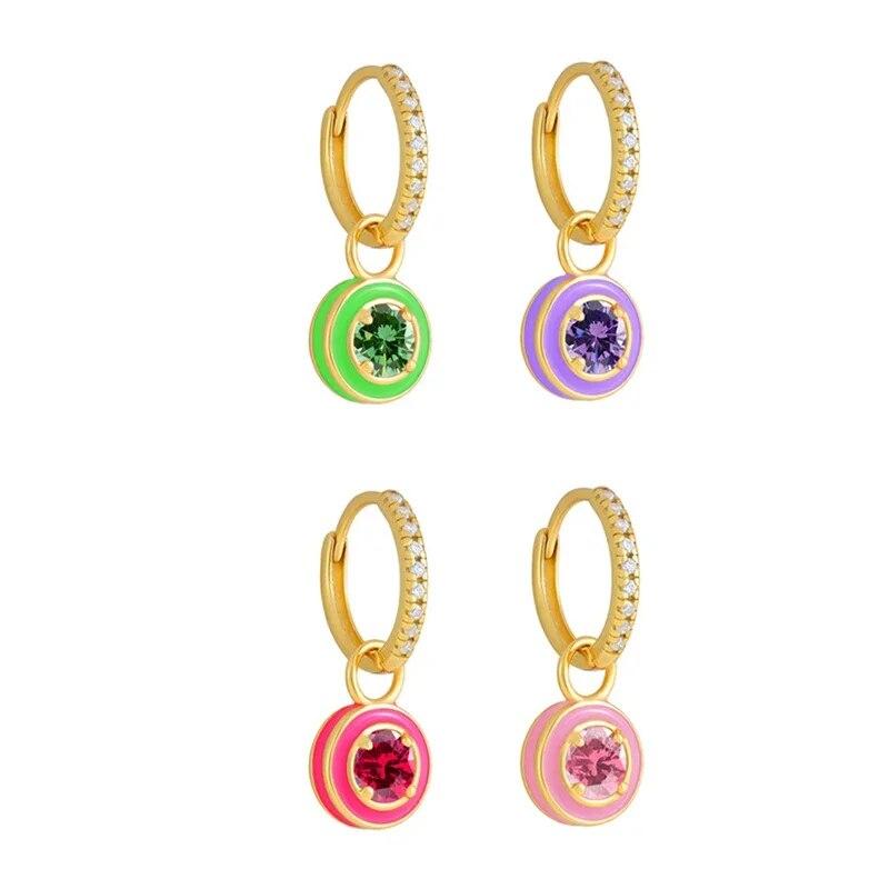 1PC Shimmering Pave Circle Colorful Round Zircon Pendant Drop Earrings For Women Girls Stainless Steel Crystal Earrings