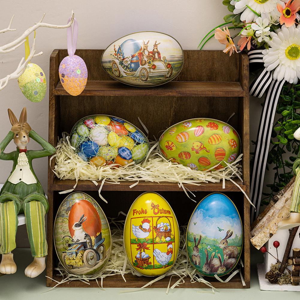Happy Easter Treat Box Egg Shape Candy Box Funny Bunny Chicken Pattern Iron Art Biscuit Cookie Box Easter Decoration 2025