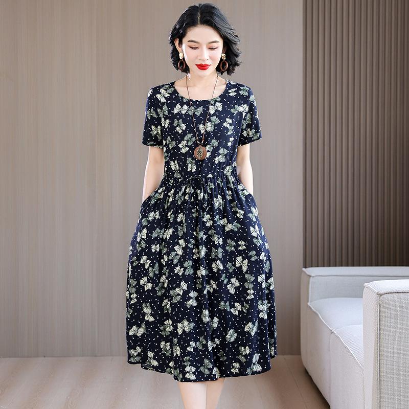 Women's Short Sleeve Midi Dress Round Neck Mid Rise Casual Floral Print A-Line Dress