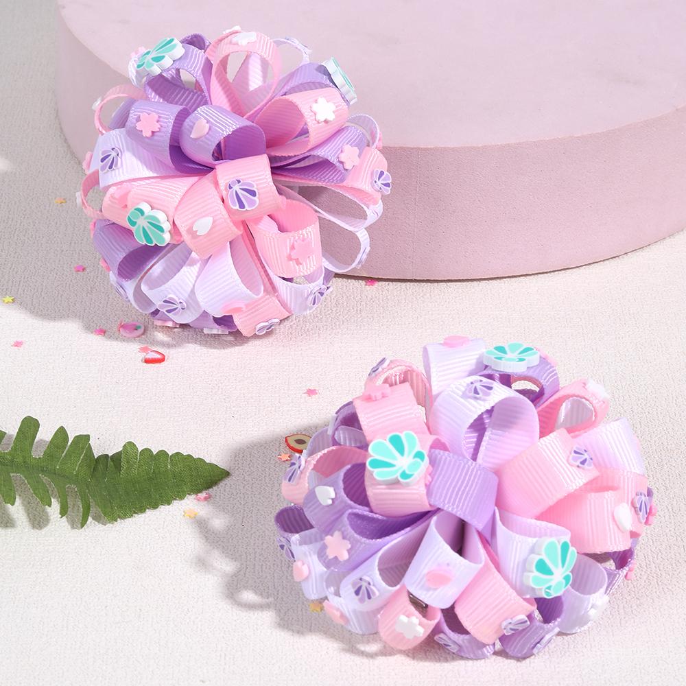 2Pcs New Ribbon Flower Hair Clips Rainbow-coloured Hydrangea Ponytail Holder Hairpins Girl Children's Kids Headwear Accessories