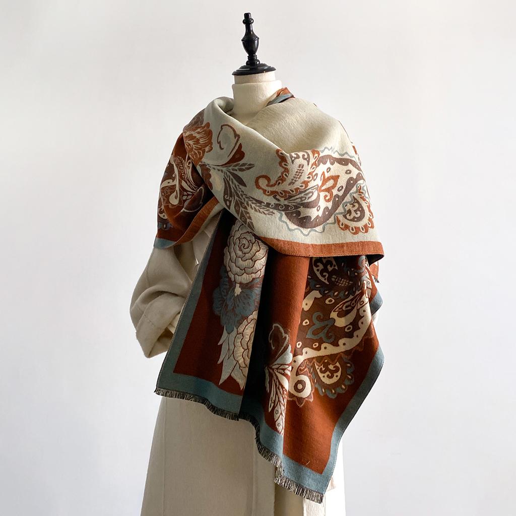 Luxury Ultra Soft Imitation Cashmere Scarf for Women Winter Thickened Jacquard Wrap Shawl Stylish Patterns 2-Sided Design