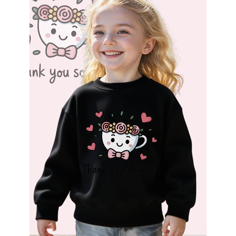 Kids Crewneck Sweatshirt, Cute Cartoon Teacup & Hearts Print with "Thank You So Much"