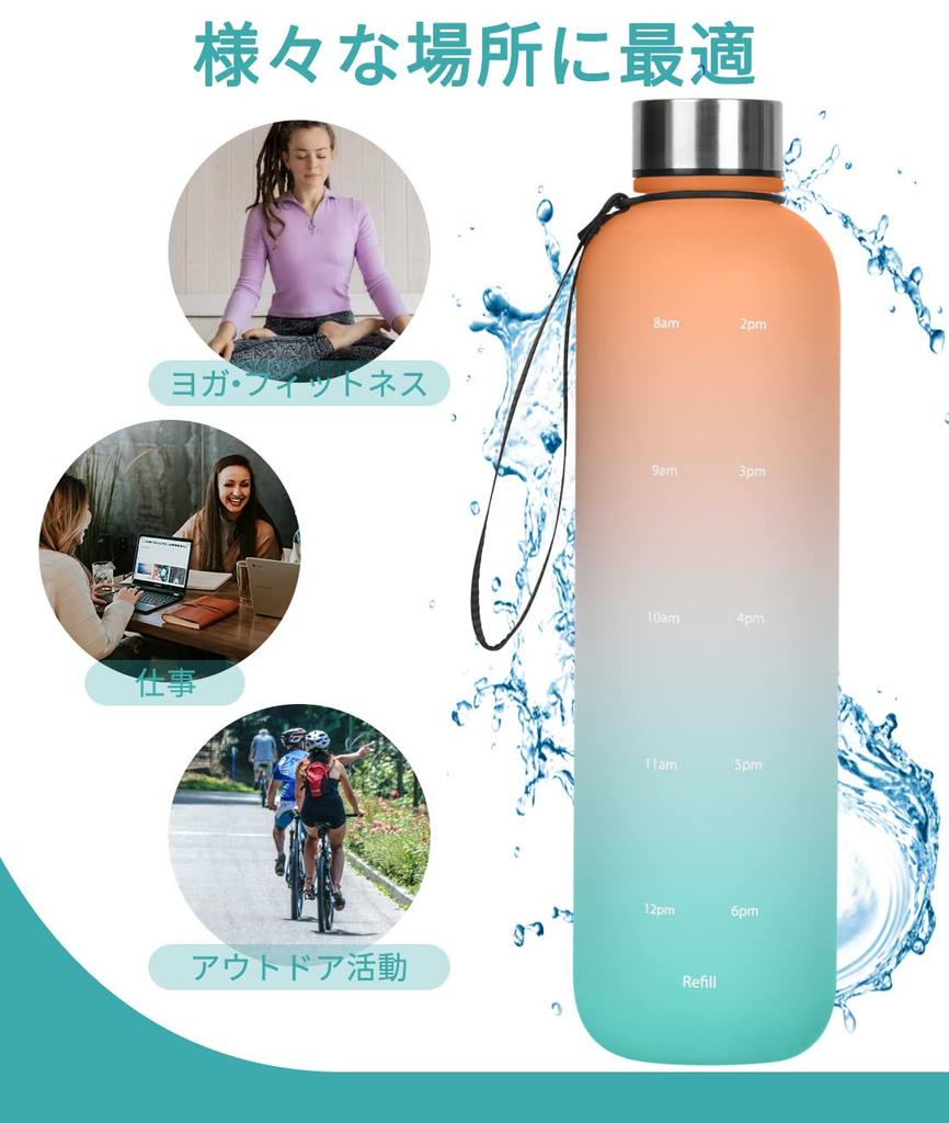 QuiExact 1 Liter Water Bottle with Time Marker, Stainless Steel Lid, Gradient Design, 1L, Perfect for Outdoor Sports, Water, 1000ml, Stylish, Easy To