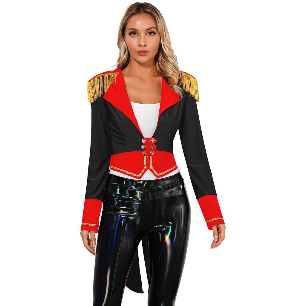 Womens Circus Ringmaster Tailcoat Double Breasted Deep V Neck Halloween Cosplay Jacket