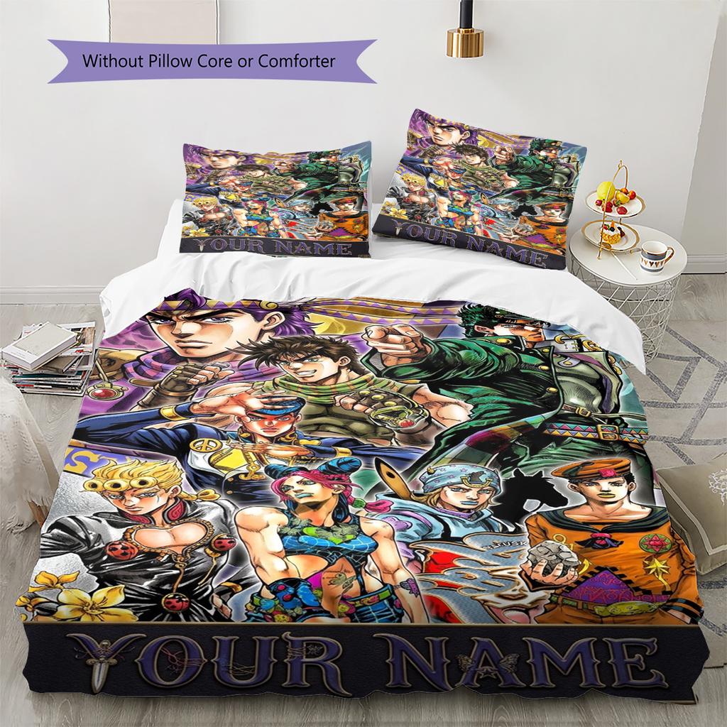 Name Custom Anime JJBA Pattern Bedding Set Quilt Cover Pillowcase Home Decor Gift (1 * duvet cover + 2 * pillowcase, without core)