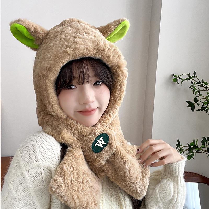 Women's Cozy Fox Ear Plush Hat with Integrated Scarf - Warm, Soft Lei Feng Design for Autumn and Winter. Perfect Ear Protection for Students.