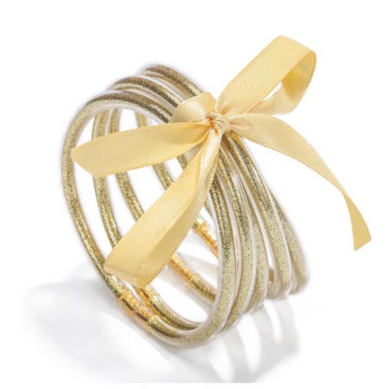 Women's Multi-Layer Silicone Rainbow Glitter Bracelet Set with Bow