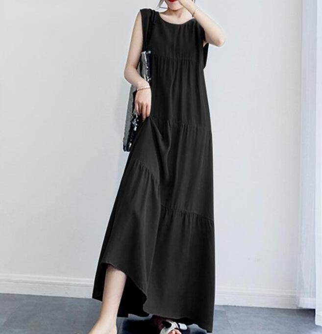 

Летнее женское хлопковое льняное однотонное платье повседневное без рукавов макси Vestidos Женский халат с круглым вырезом большого размера XXL чёрный