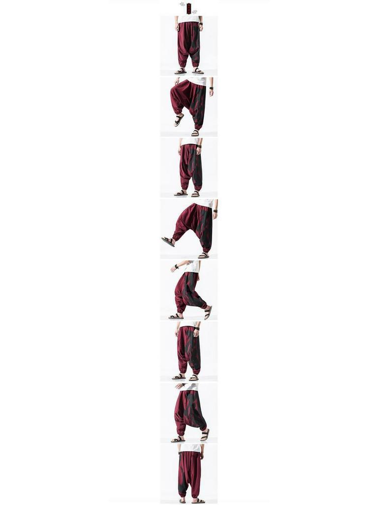 Men's Buddha-Style Loose-Fit Cotton & Linen Pants - Low Crotch, Nine-Point Baggy Japanese Design, Plus Size Available