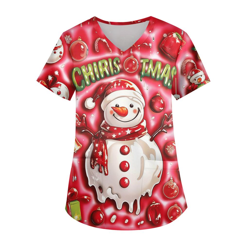 Ladies' Christmas Printed Fashionable V-neck Pocket Short Sleeved  Uniform And Caregiver Top